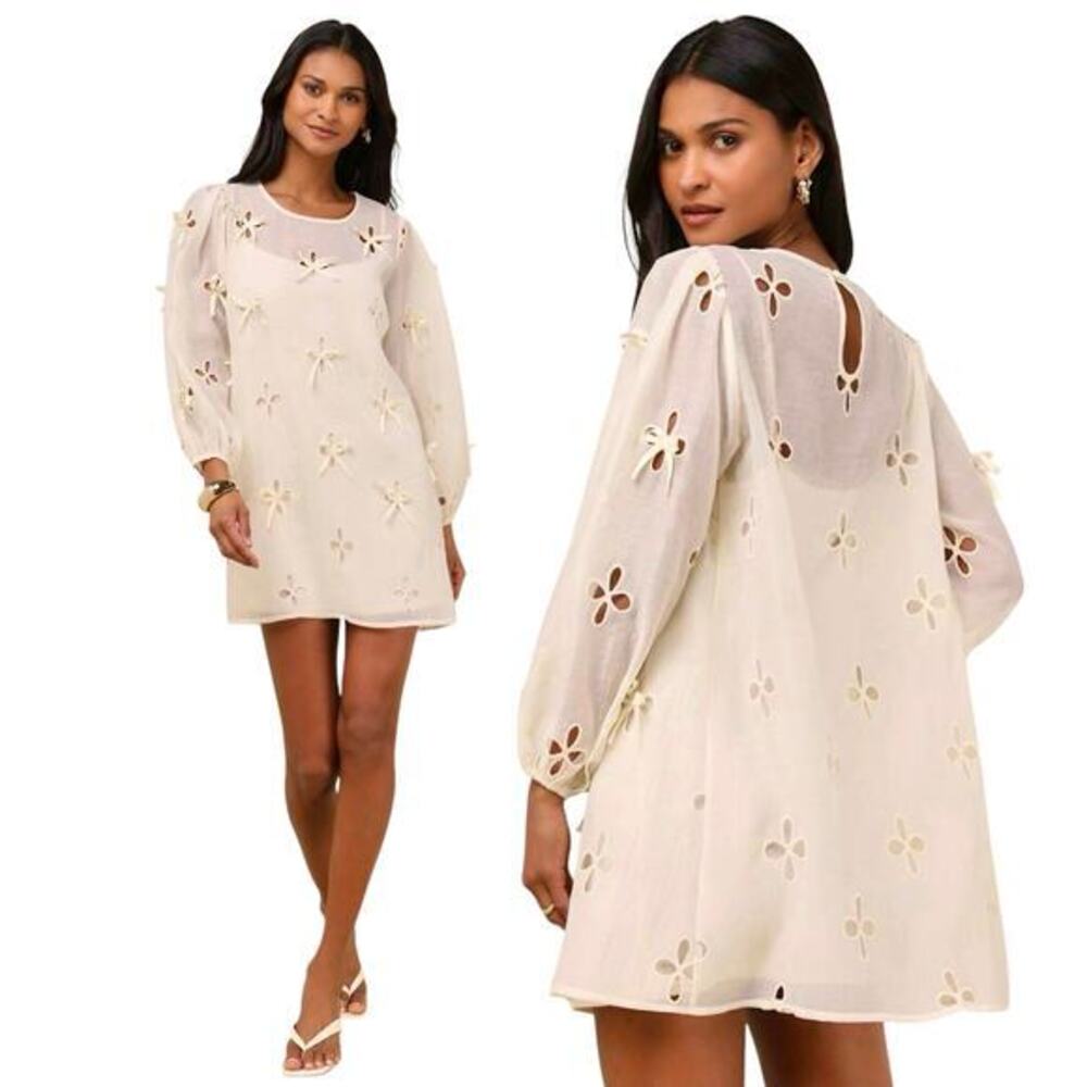 Lulus Aamira Cream Embroidered Bow Blouson Sleeve Shift Mini Dress size S NWOT
